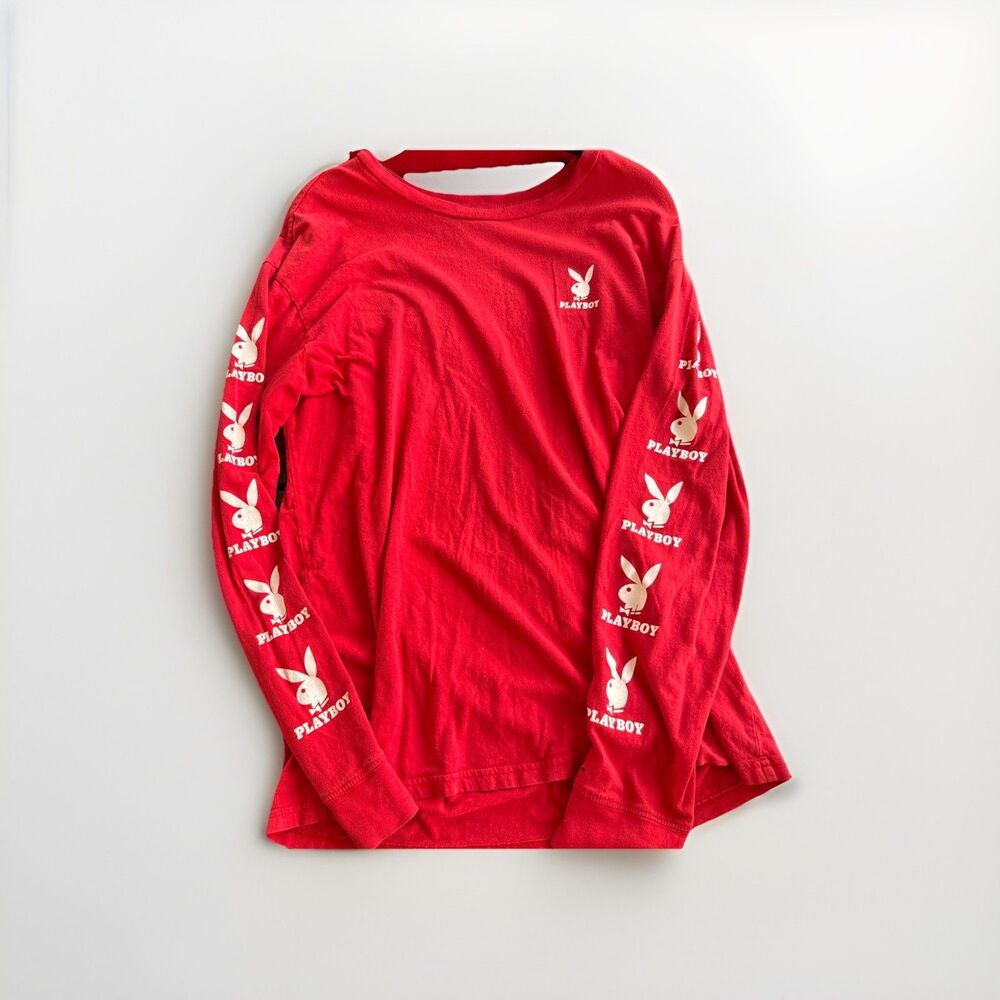 WOMENS Playboy by PacSun Graphic Red TShirt Sz M Long Sleeve Fair/Good Used